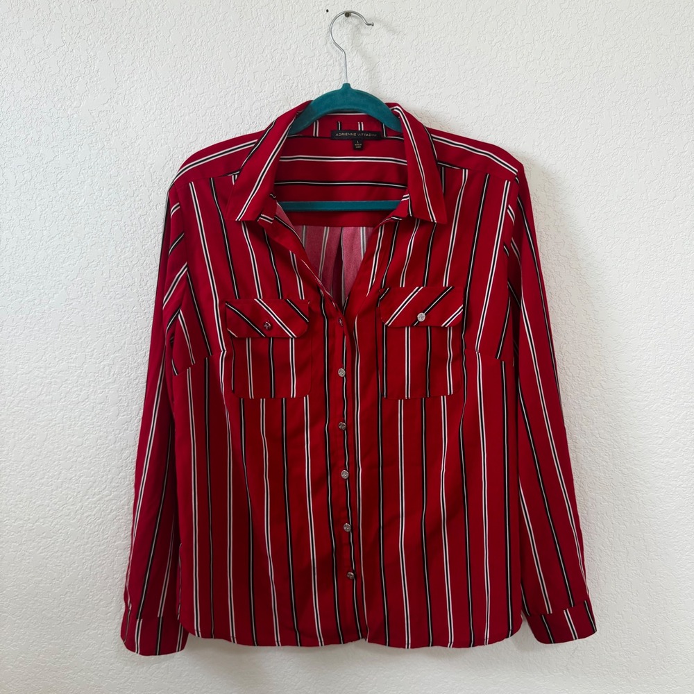 Adrienne Vittadini Womens Red White Black Stripe Button Down Shirt Top Size L - Picture 1 of 4